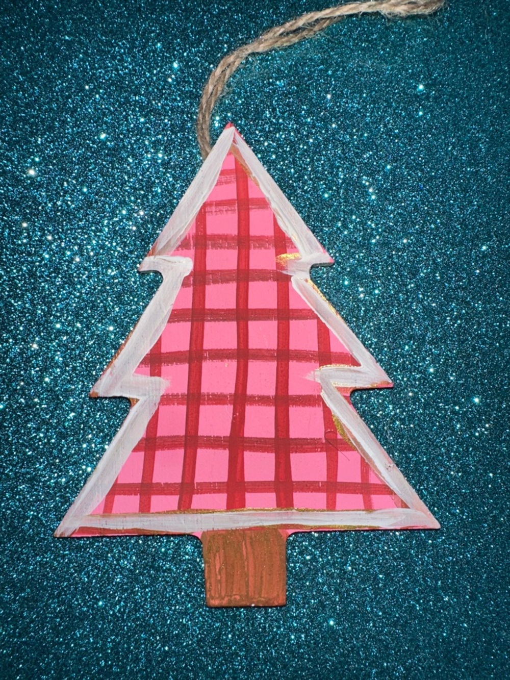 Pink Plaid Wooden Tree Ornament with Twine Hanger